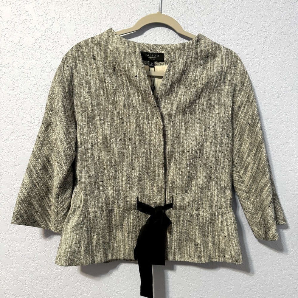 Talbots Petite Sorbonne Tweed Front Ribbon Tie Hidden Snap Linen Blend Jacket